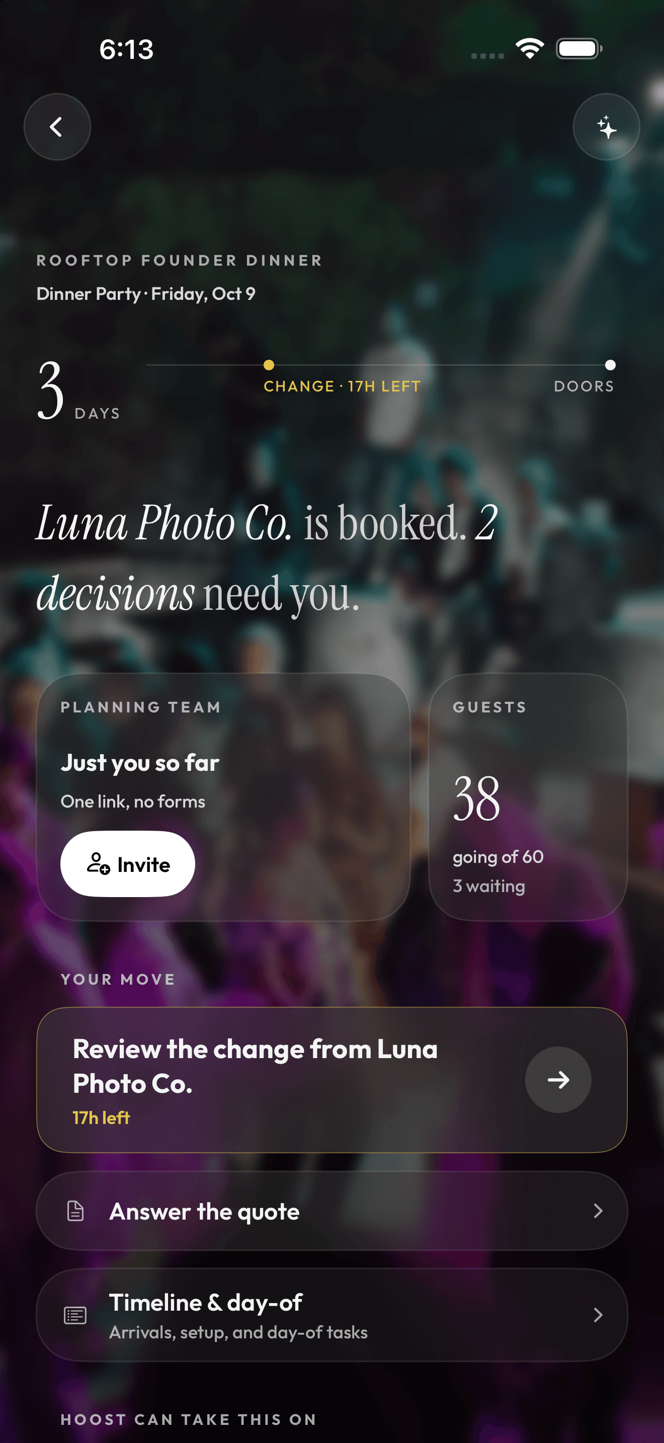 Hoost iOS app showing an event board with venue, vendor and planning details